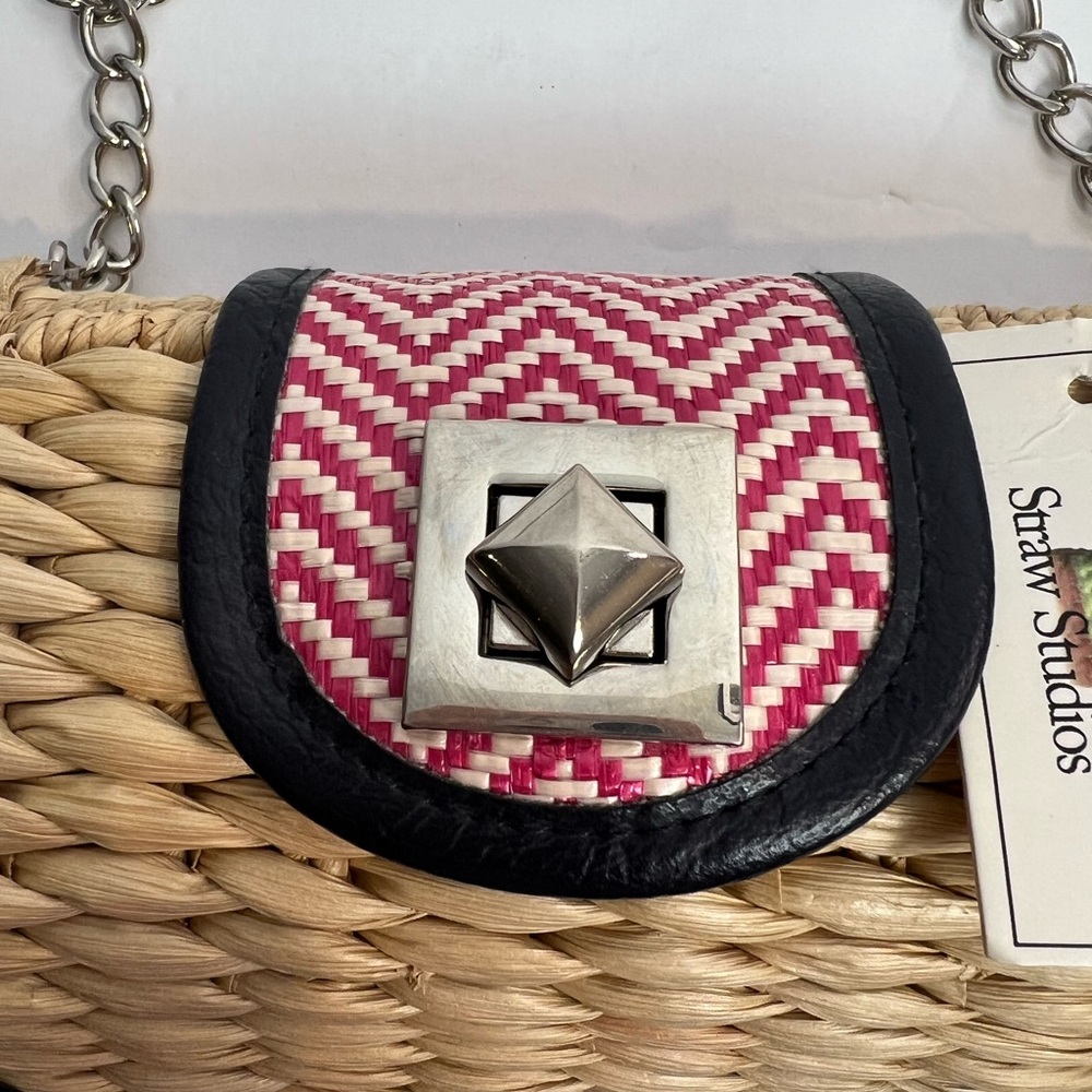 Straw studios weaved Ratan Shoulder Bag purse chain strap Pink , Tan , Navy NWT - Picture 7 of 10